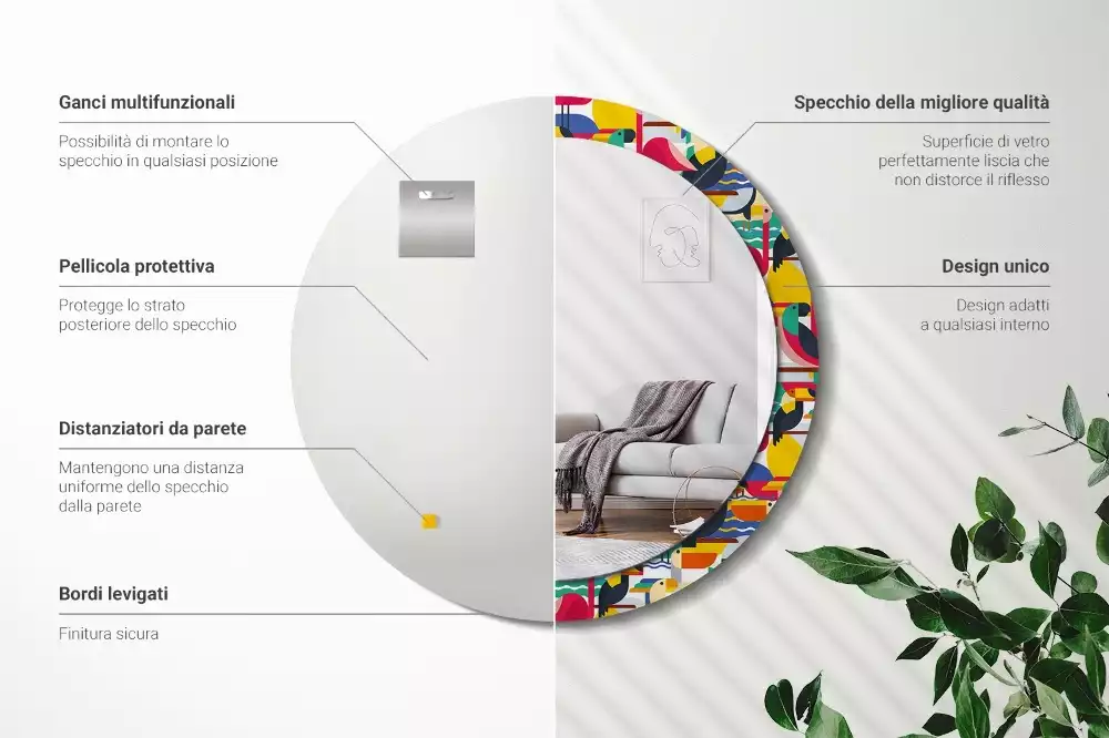 Kulaté zrcadlo s potiskem Geometrické tropické ptáky