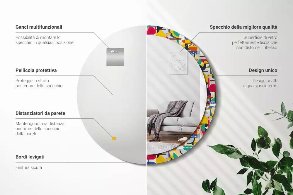 Kulaté zrcadlo s potiskem Geometrické tropické ptáky