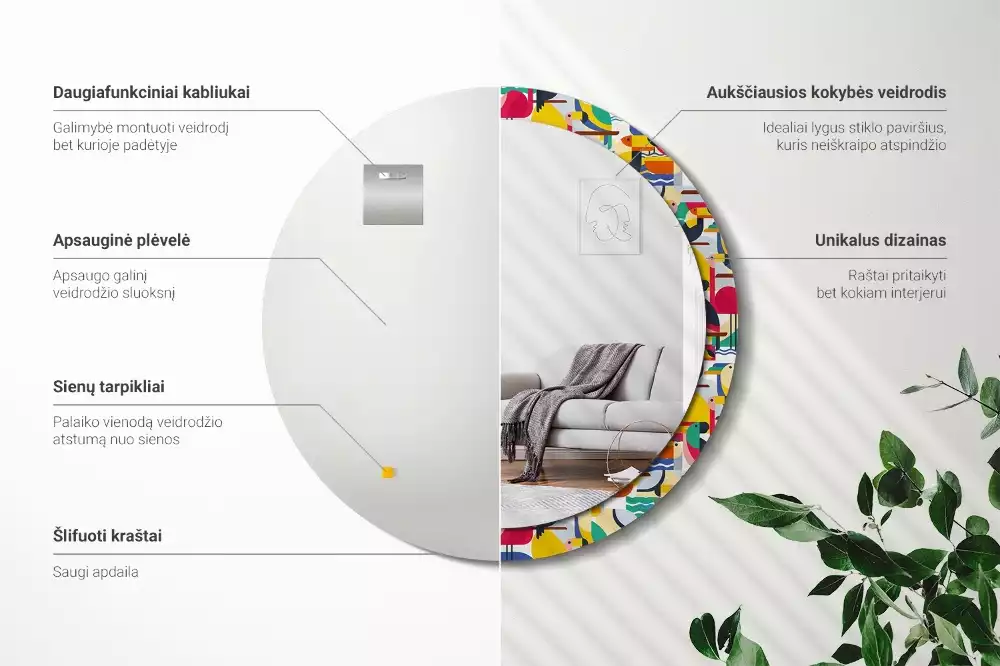 Kulaté zrcadlo s potiskem Geometrické tropické ptáky