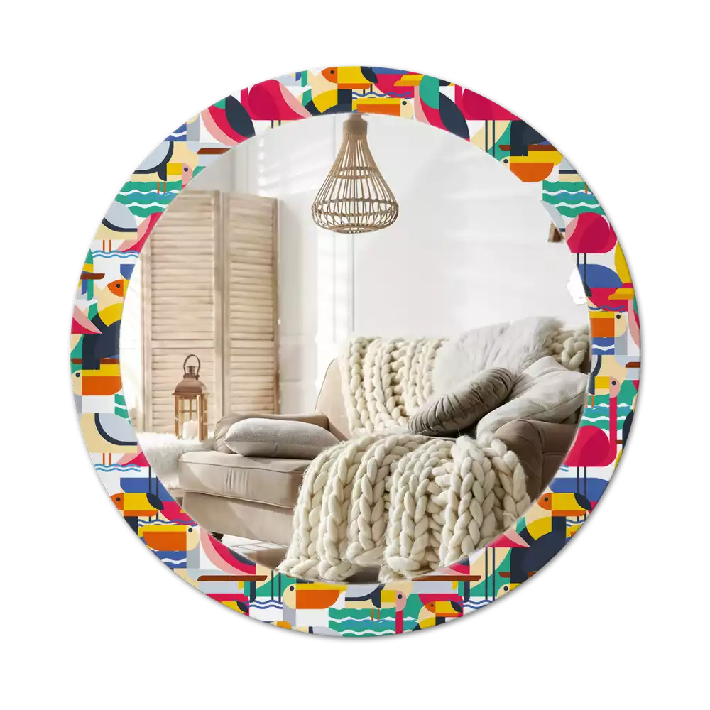 Kulaté zrcadlo s potiskem Geometrické tropické ptáky