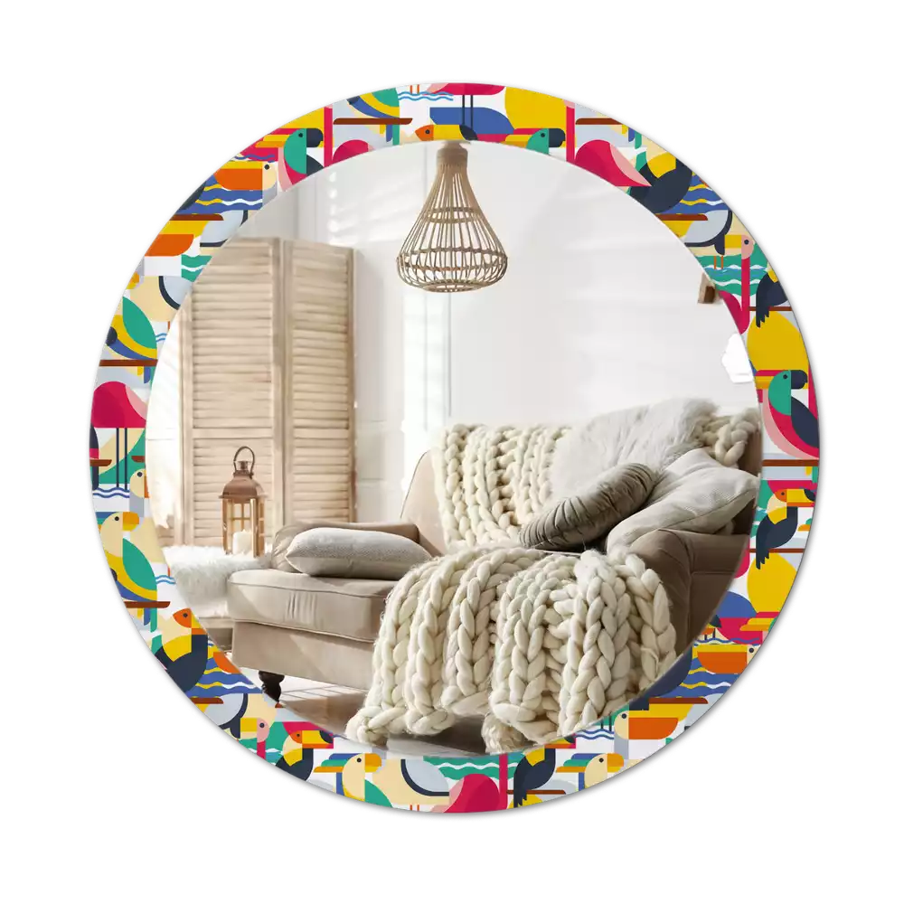 Kulaté zrcadlo s potiskem Geometrické tropické ptáky