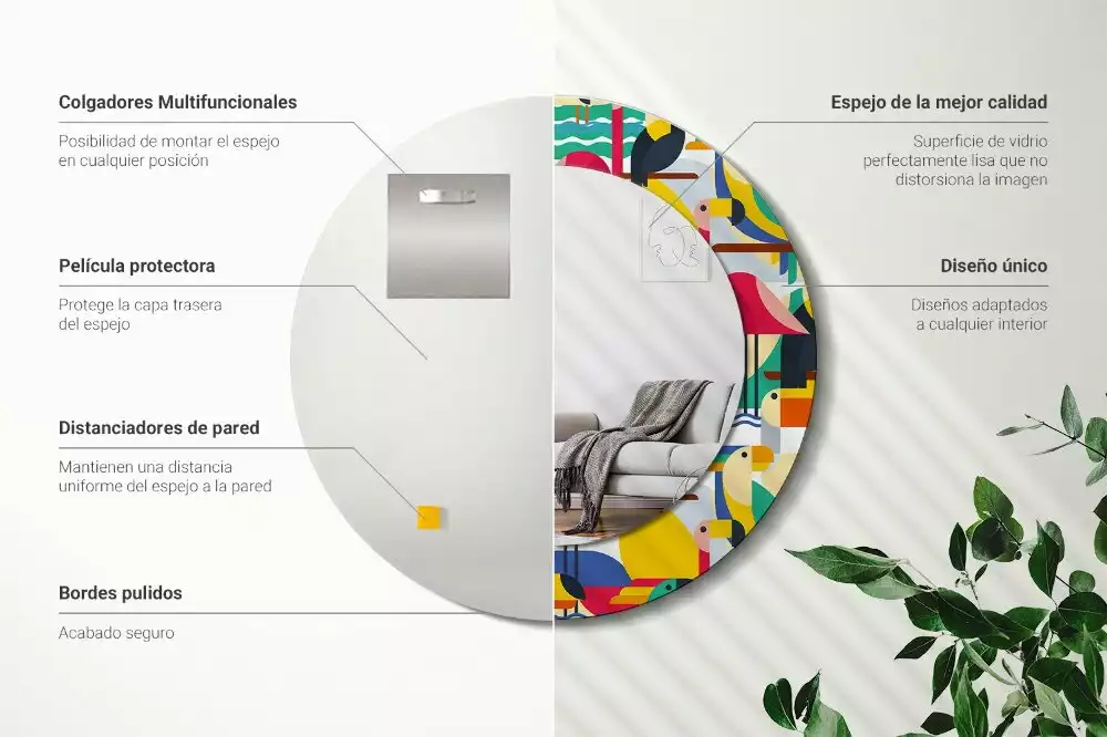 Kulaté zrcadlo s potiskem Geometrické tropické ptáky