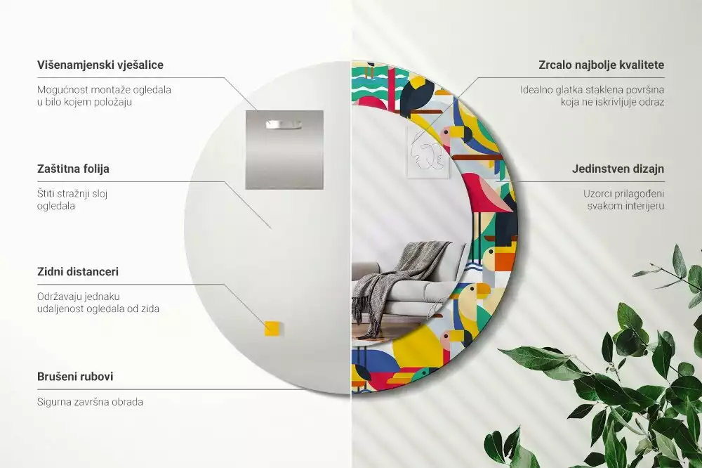 Kulaté zrcadlo s potiskem Geometrické tropické ptáky