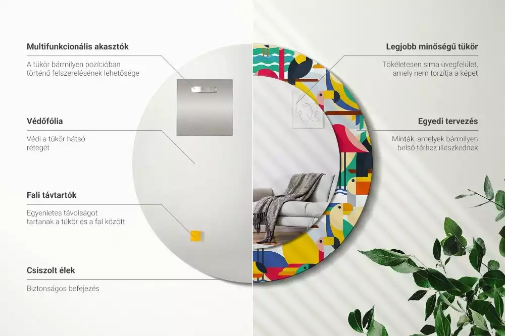 Kulaté zrcadlo s potiskem Geometrické tropické ptáky