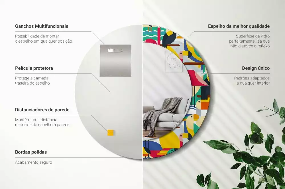 Kulaté zrcadlo s potiskem Geometrické tropické ptáky