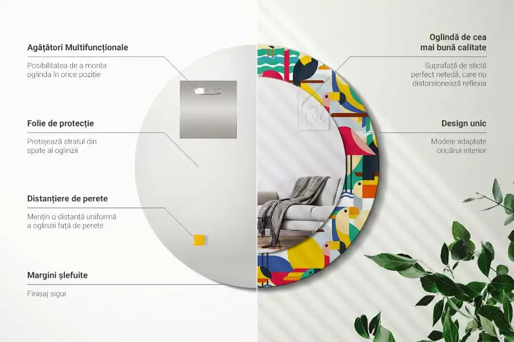 Kulaté zrcadlo s potiskem Geometrické tropické ptáky