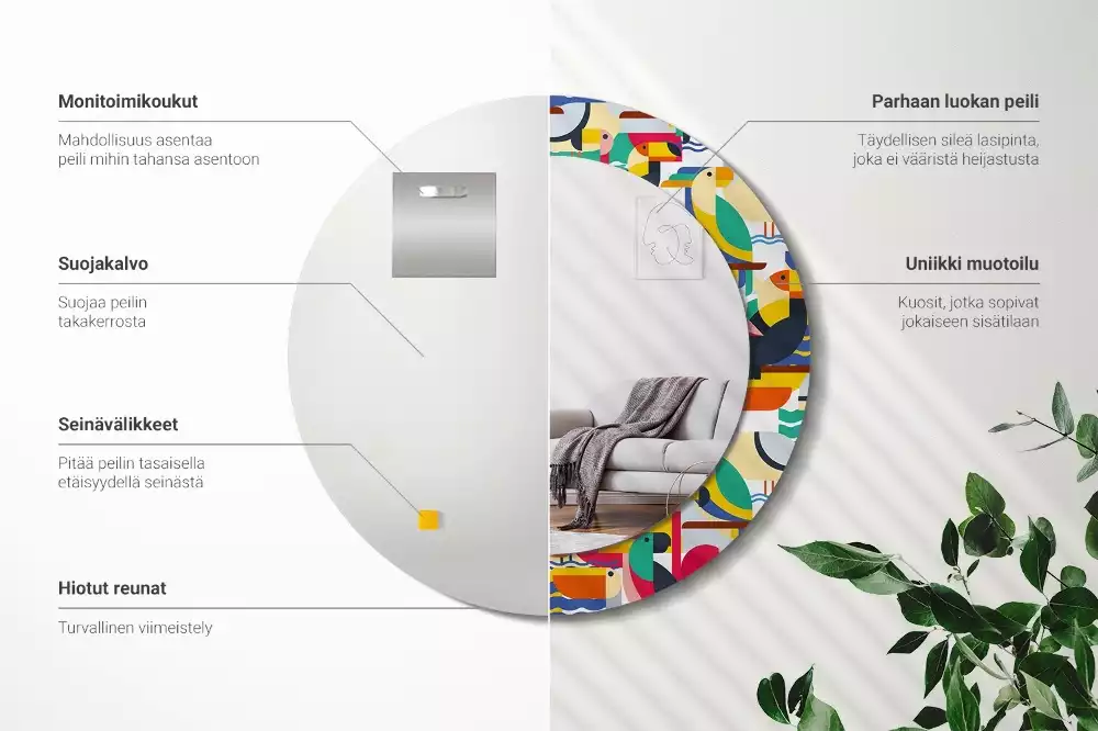 Kulaté zrcadlo s potiskem Geometrické tropické ptáky