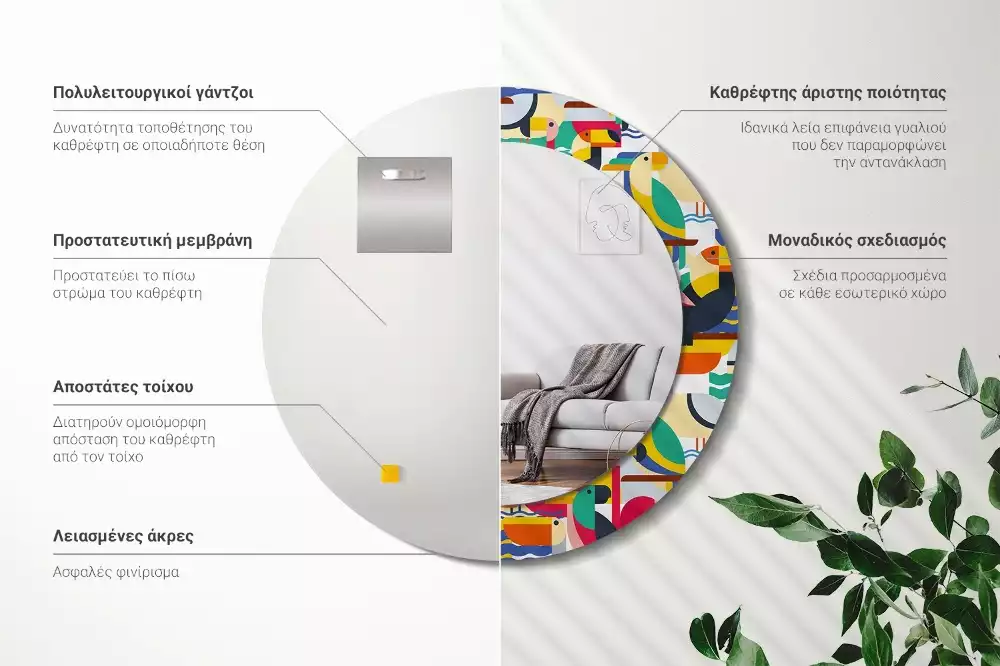 Kulaté zrcadlo s potiskem Geometrické tropické ptáky