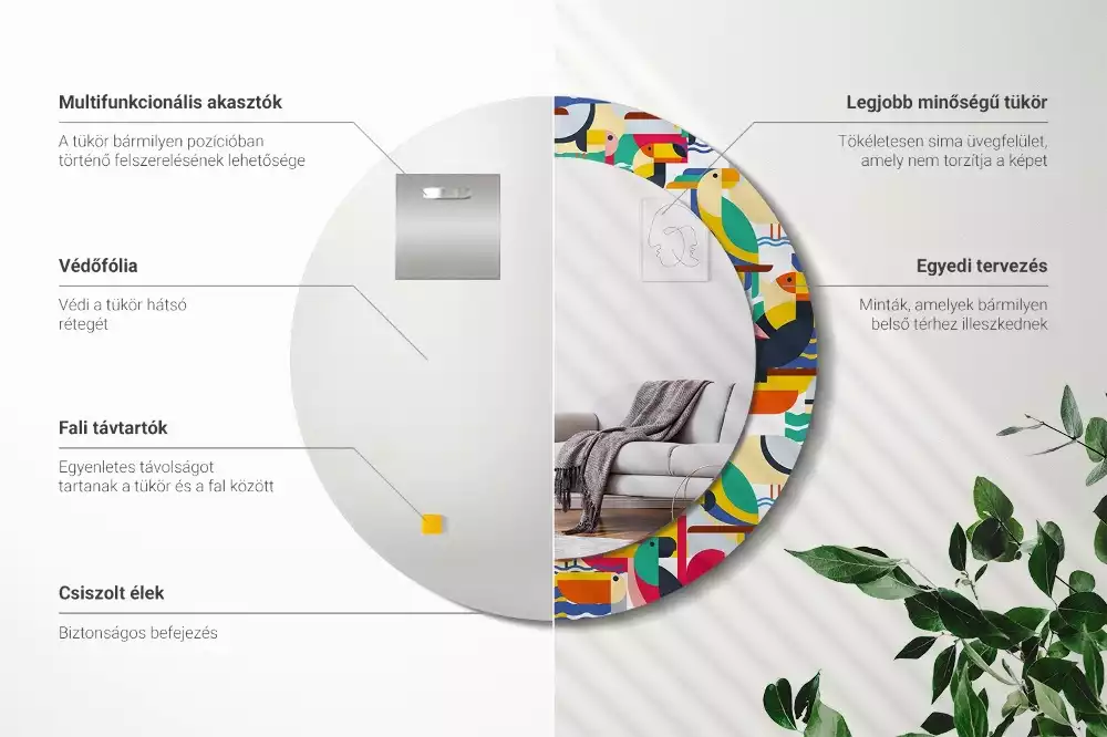 Kulaté zrcadlo s potiskem Geometrické tropické ptáky