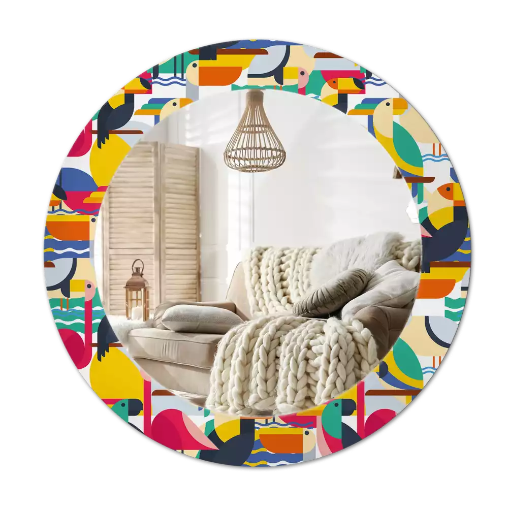 Kulaté zrcadlo s potiskem Geometrické tropické ptáky