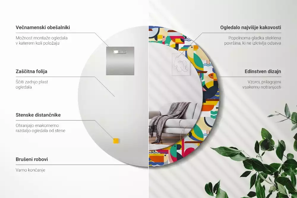 Kulaté zrcadlo s potiskem Geometrické tropické ptáky