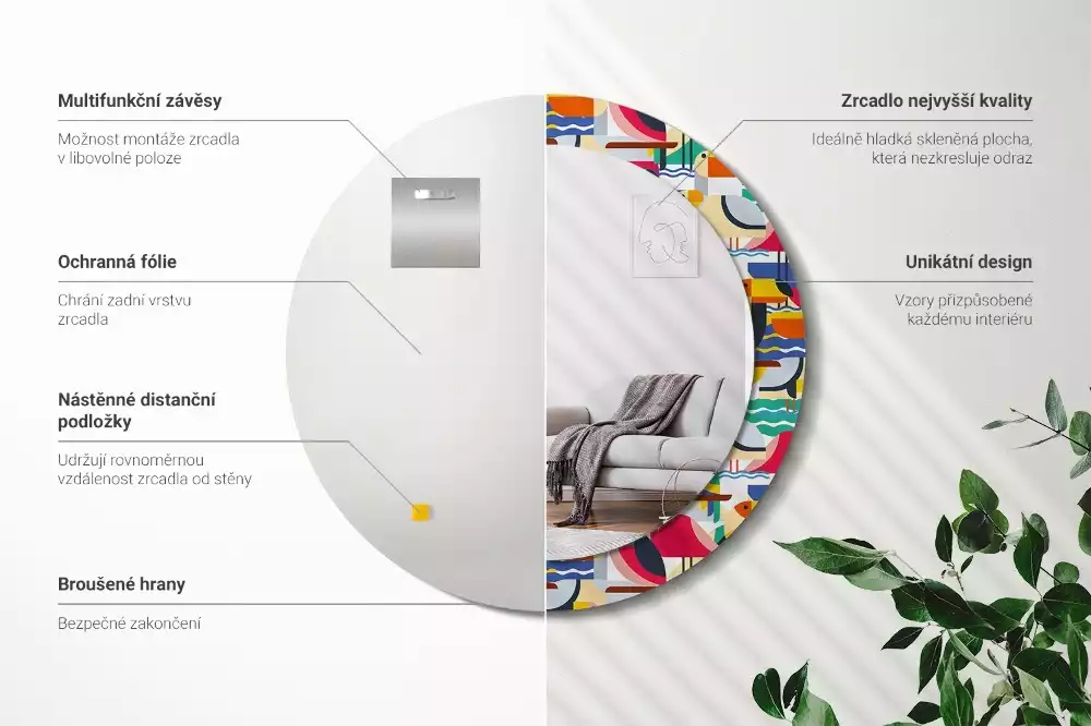 Kulaté zrcadlo s potiskem Geometrické tropické ptáky