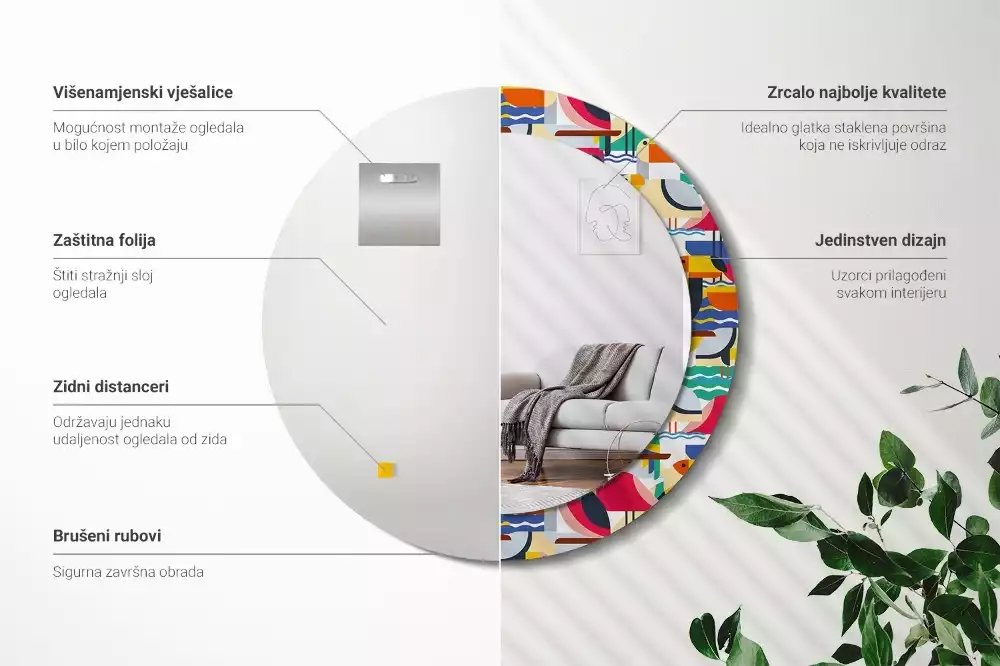 Kulaté zrcadlo s potiskem Geometrické tropické ptáky