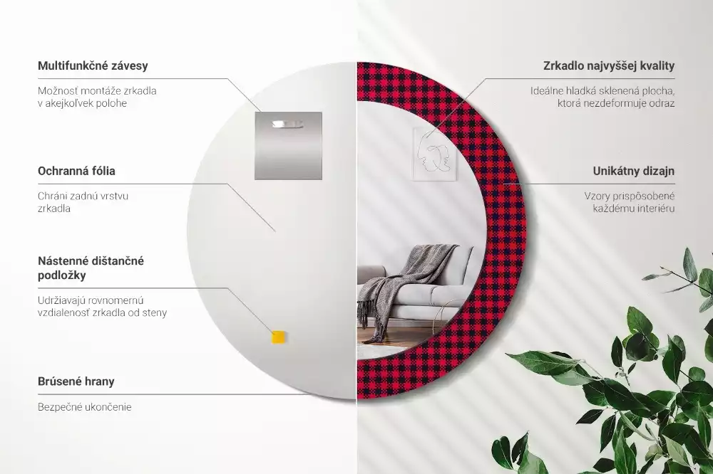 Kulaté zrcadlo s potiskem Červeně kostkovaný