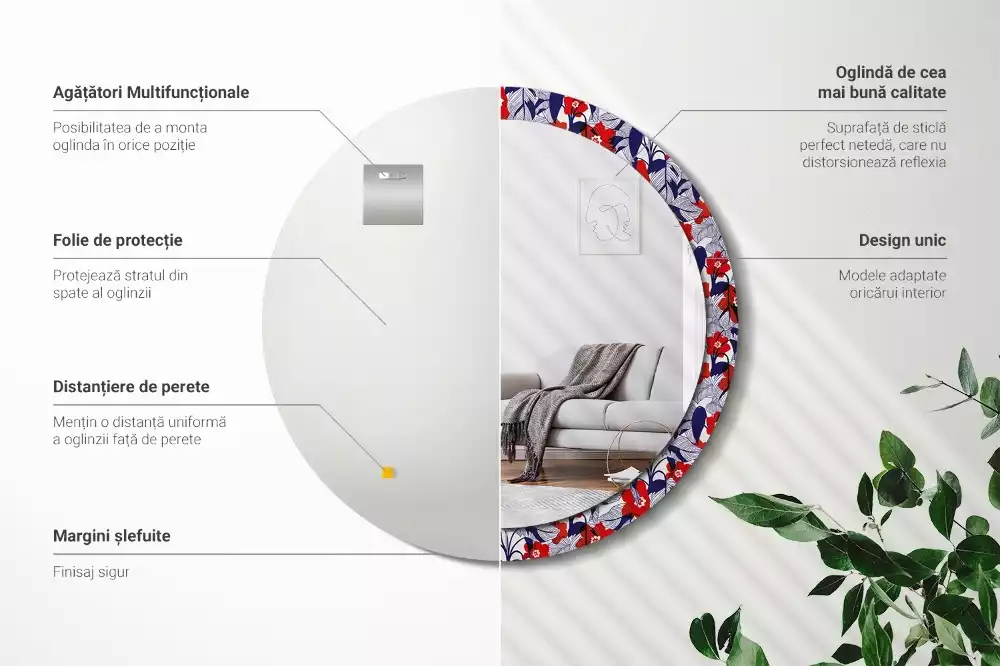 Kulaté zrcadlo s potiskem filodendrony