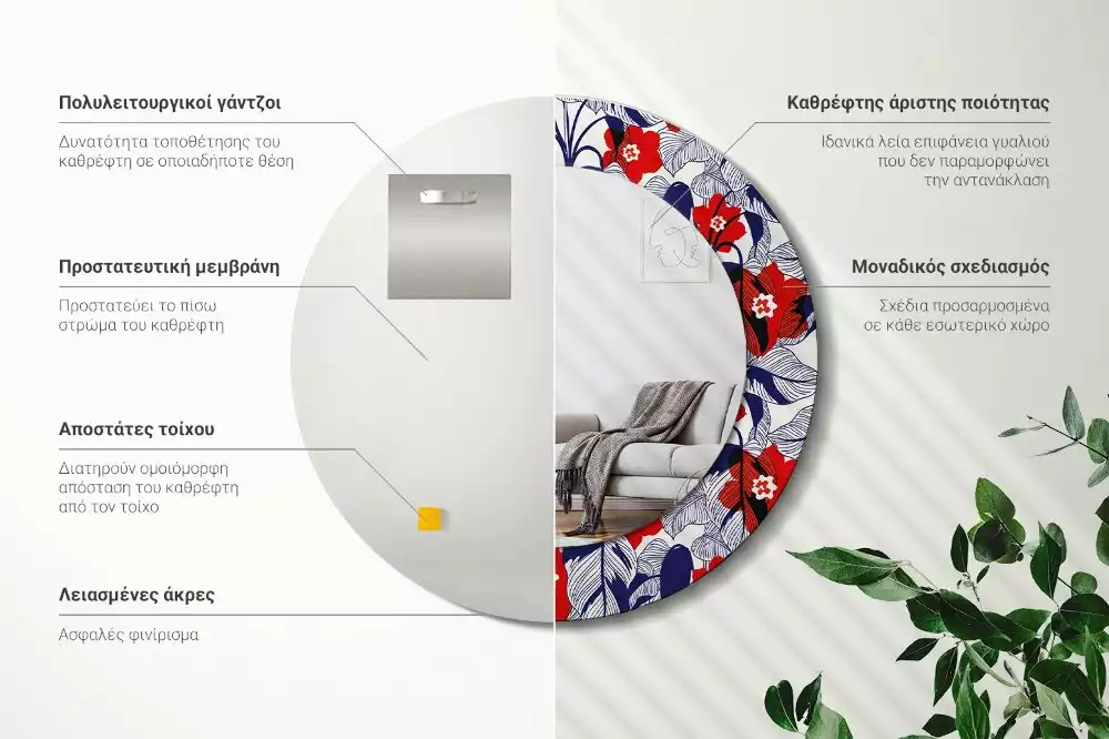 Kulaté zrcadlo s potiskem filodendrony