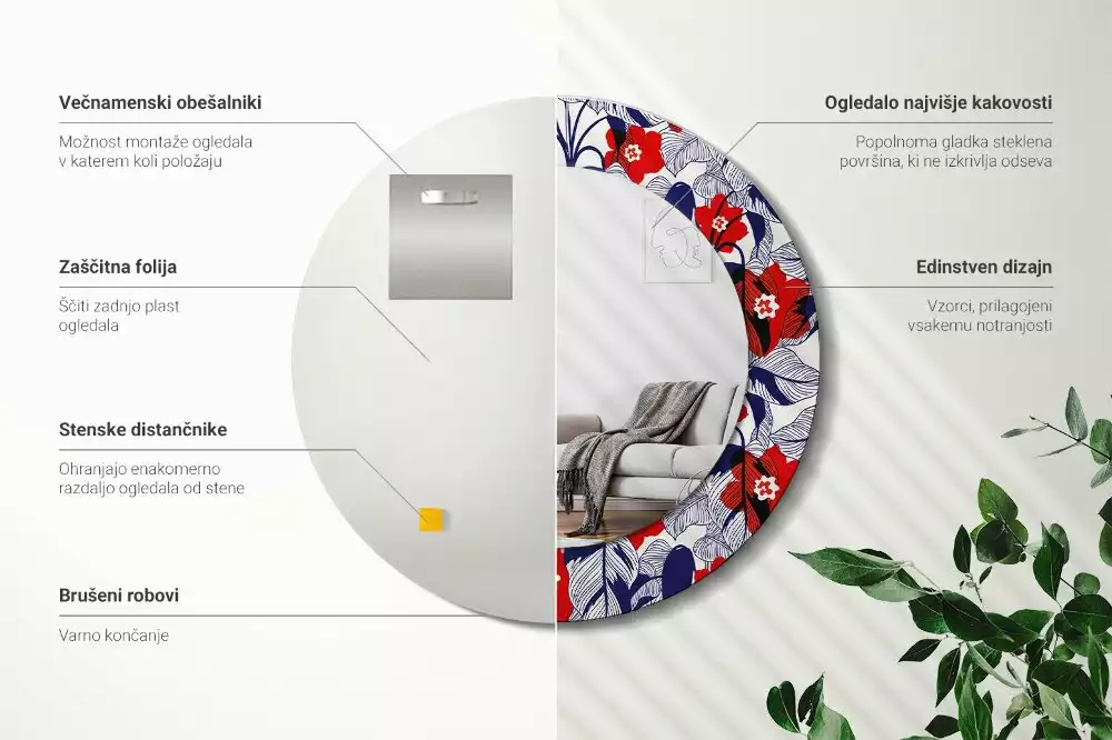 Kulaté zrcadlo s potiskem filodendrony