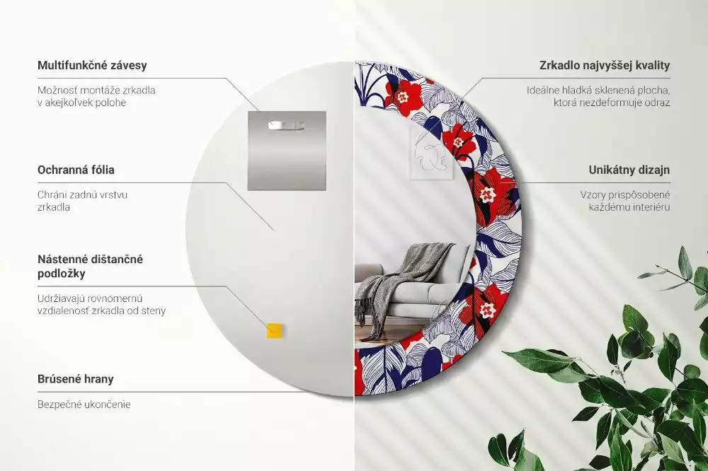 Kulaté zrcadlo s potiskem filodendrony