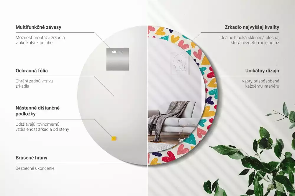 Kulaté zrcadlo s potiskem Barevné srdce