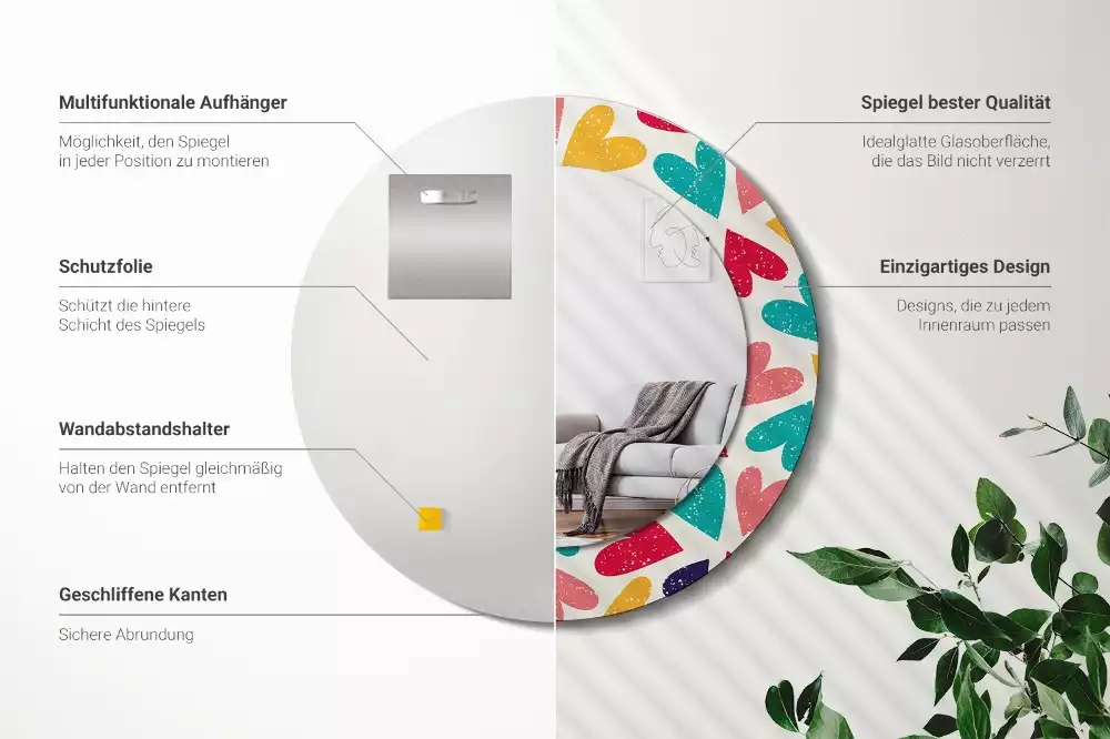 Kulaté zrcadlo s potiskem Barevné srdce