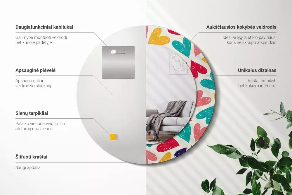 Kulaté zrcadlo s potiskem Barevné srdce