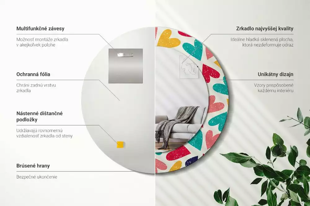 Kulaté zrcadlo s potiskem Barevné srdce