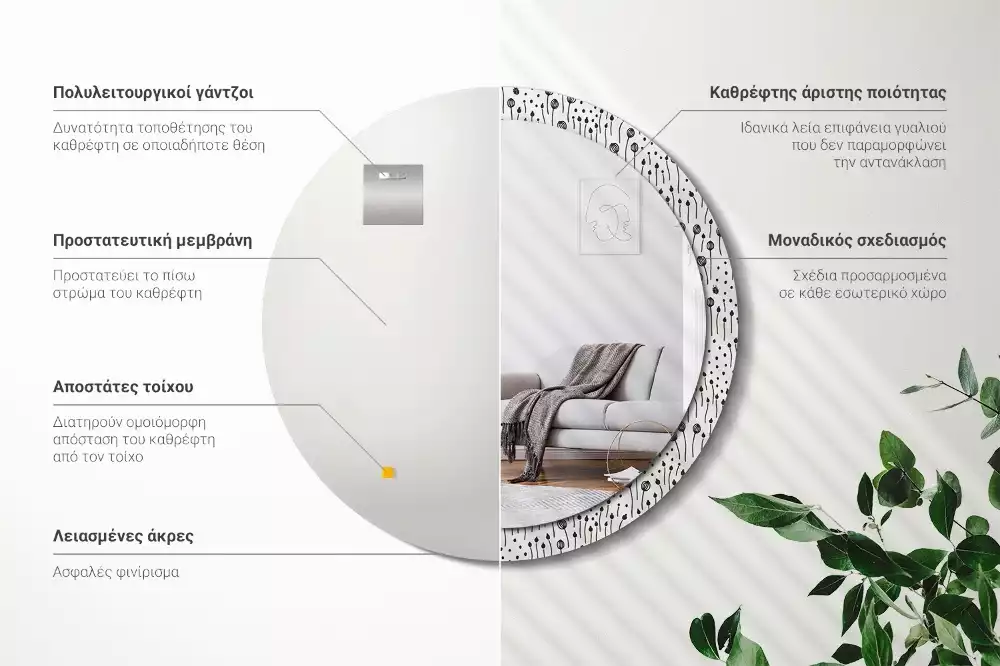 Kulaté zrcadlo s potiskem Květinová kresba