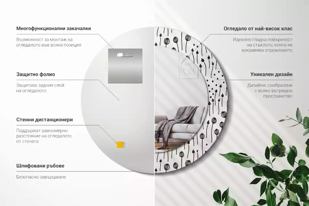 Kulaté zrcadlo s potiskem Květinová kresba