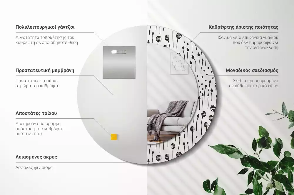 Kulaté zrcadlo s potiskem Květinová kresba