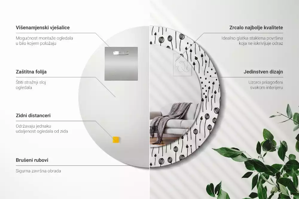 Kulaté zrcadlo s potiskem Květinová kresba