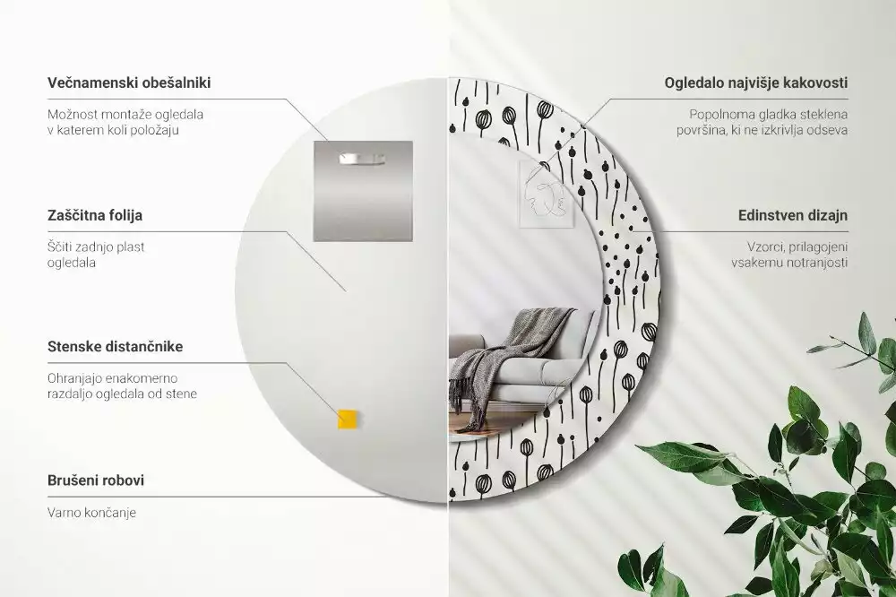 Kulaté zrcadlo s potiskem Květinová kresba