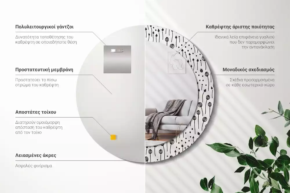 Kulaté zrcadlo s potiskem Květinová kresba