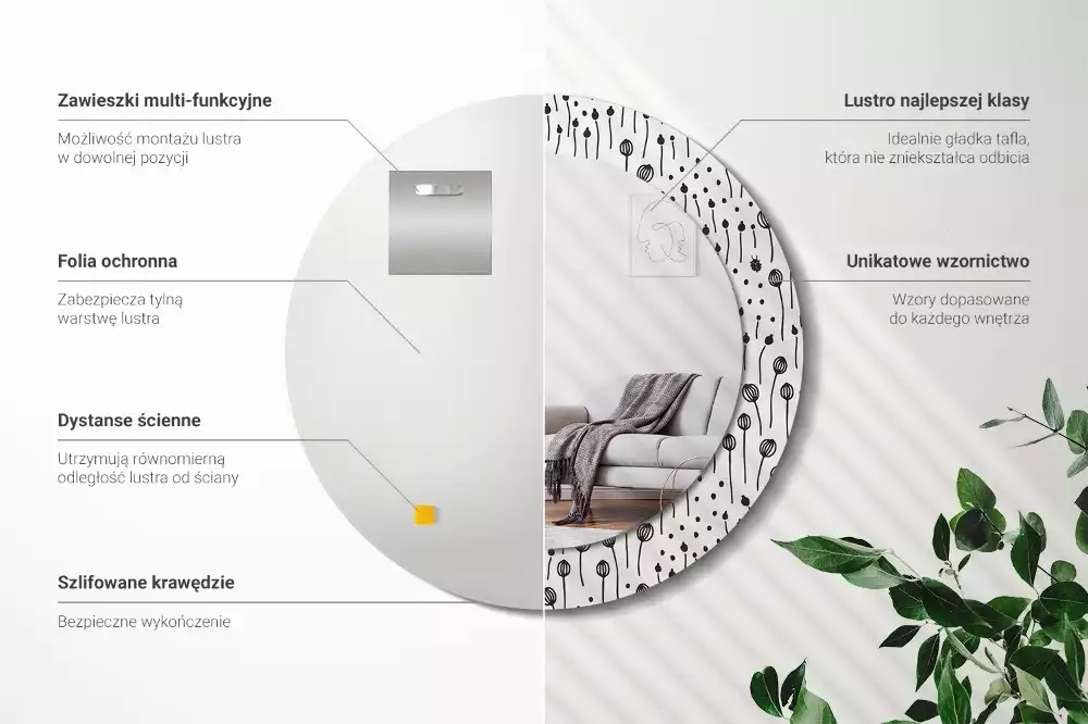 Kulaté zrcadlo s potiskem Květinová kresba