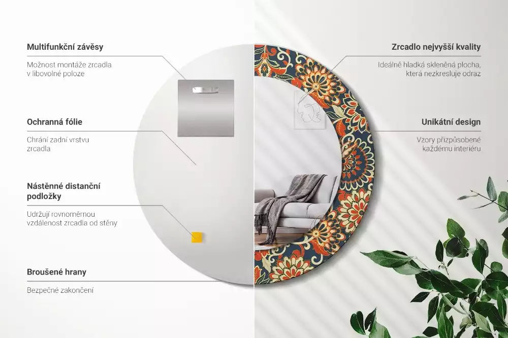 Kulaté zrcadlo s potiskem Retro květiny