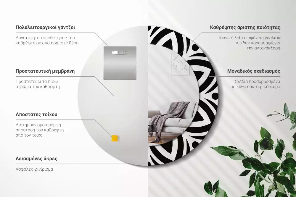 Kulaté zrcadlo s potiskem Černá ozdoba