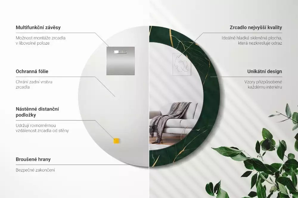 Kulaté dekorativní zrcadlo Obrys listu