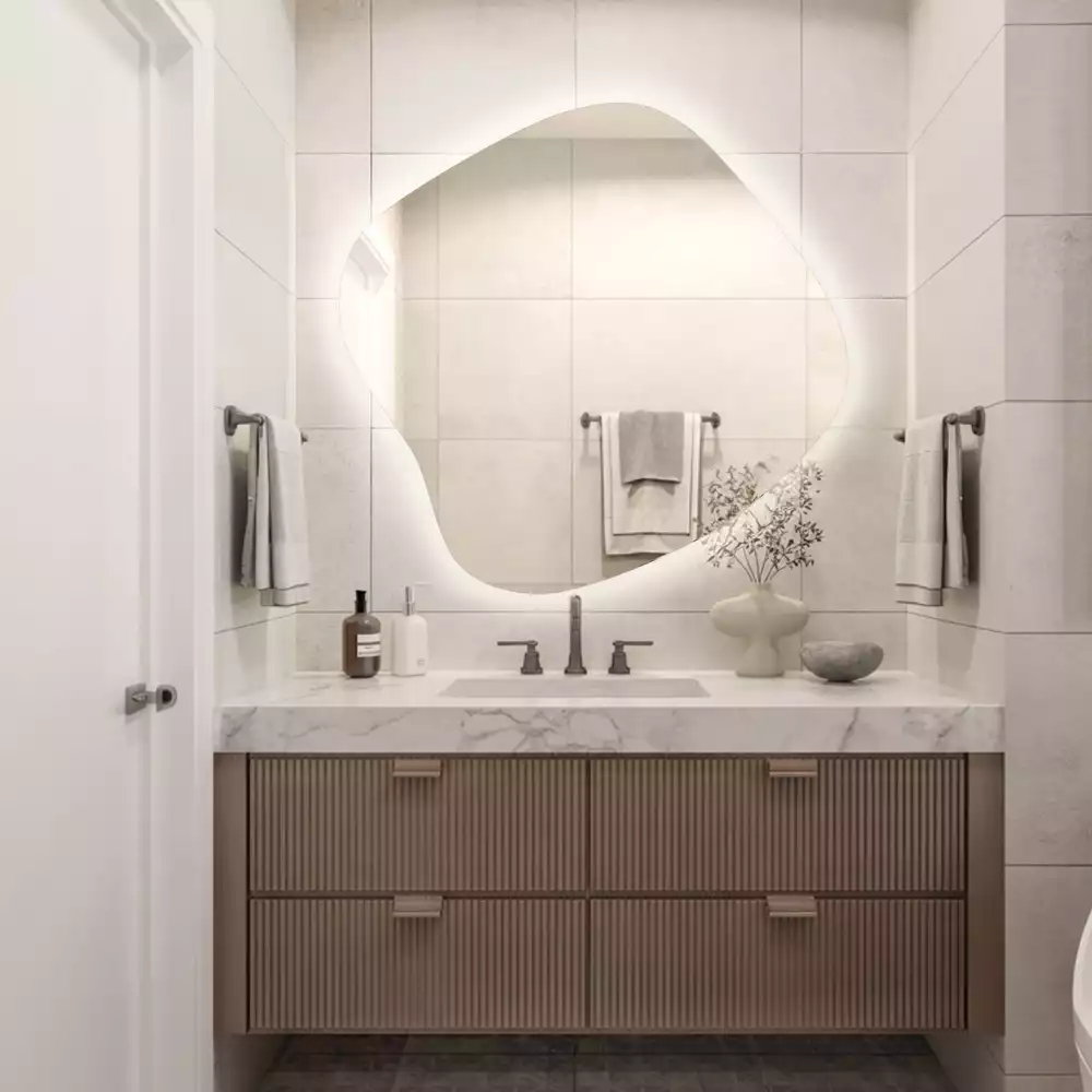 Zrcadlo ve tvaru skvrny s LED podsvícením jedinečné