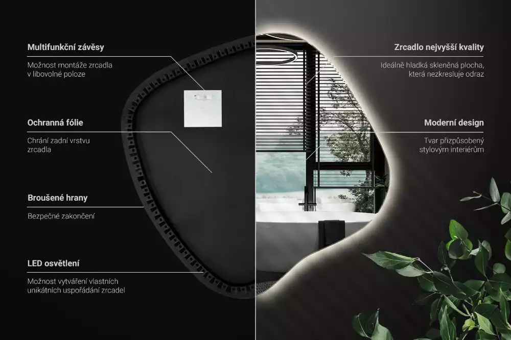 Zrcadlo ve tvaru skvrny s LED podsvícením jedinečné