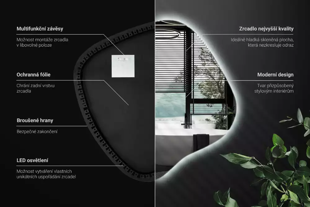 Zrcadlo ve tvaru skvrny s LED podsvícením jedinečné