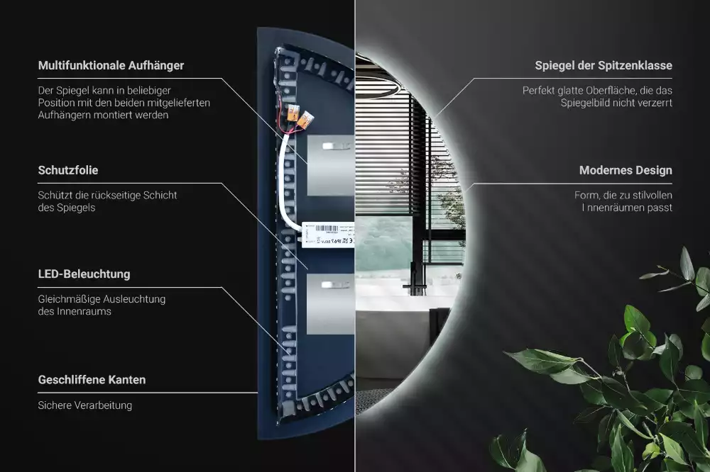 LED půlkruhové zrcadlo stylový doplněk