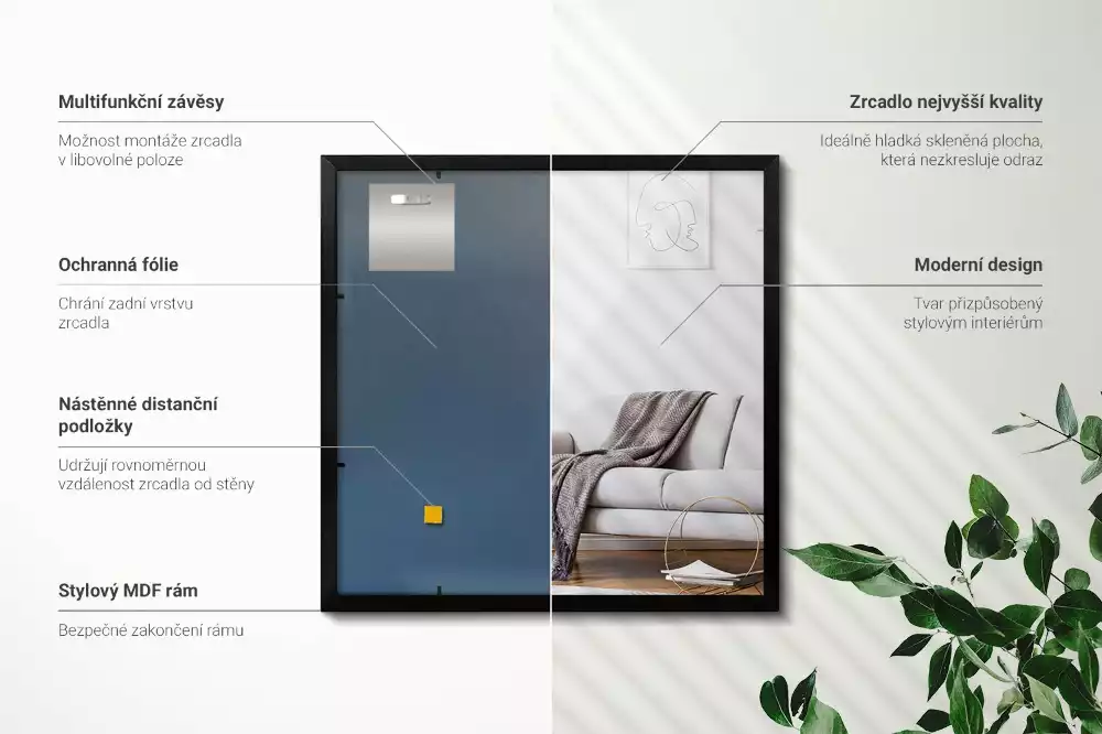 Obdélníkové zrcadlo nástěnné s černým rámem