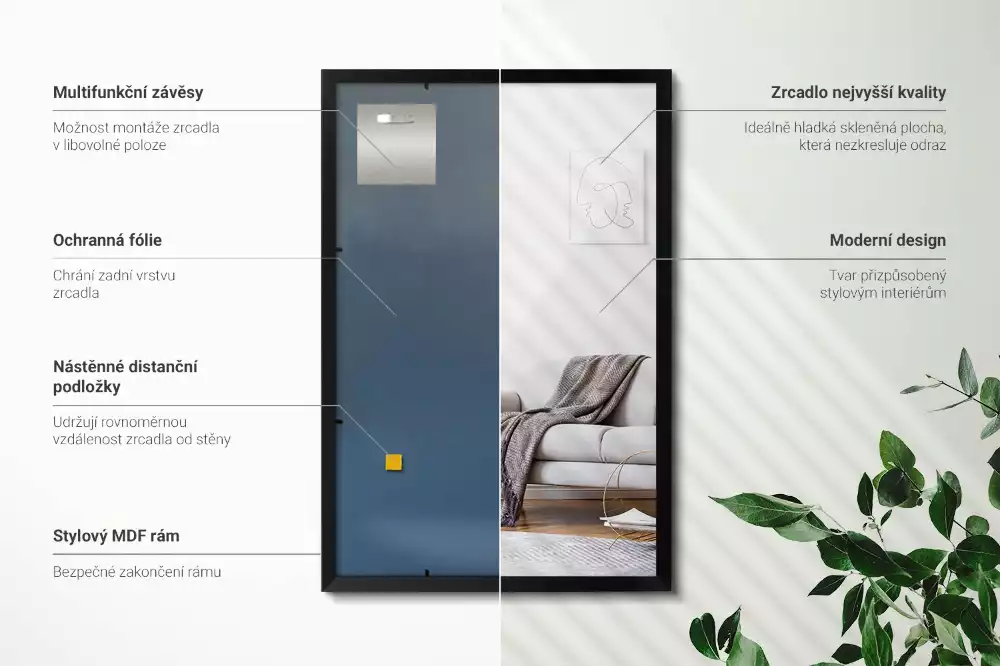 Obdélníkové zrcadlo nástěnné s černým rámem