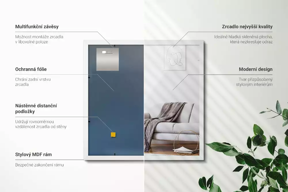 Obdélníkové zrcadlo dekorativní s bílým rámem