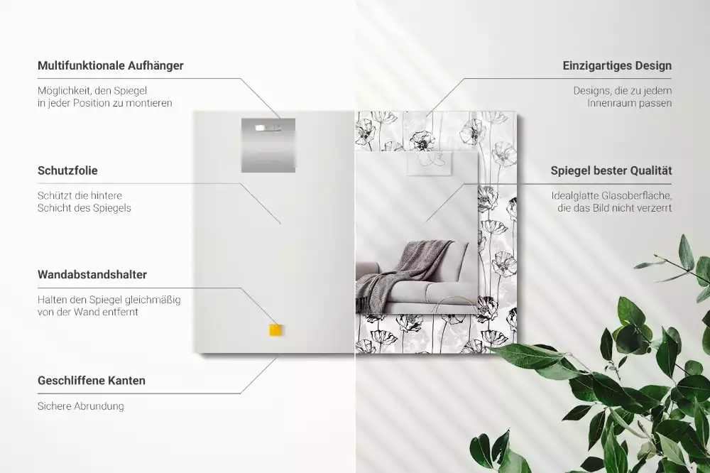 Obdélníkové dekorační zrcadlo Květiny monochromatický vzor