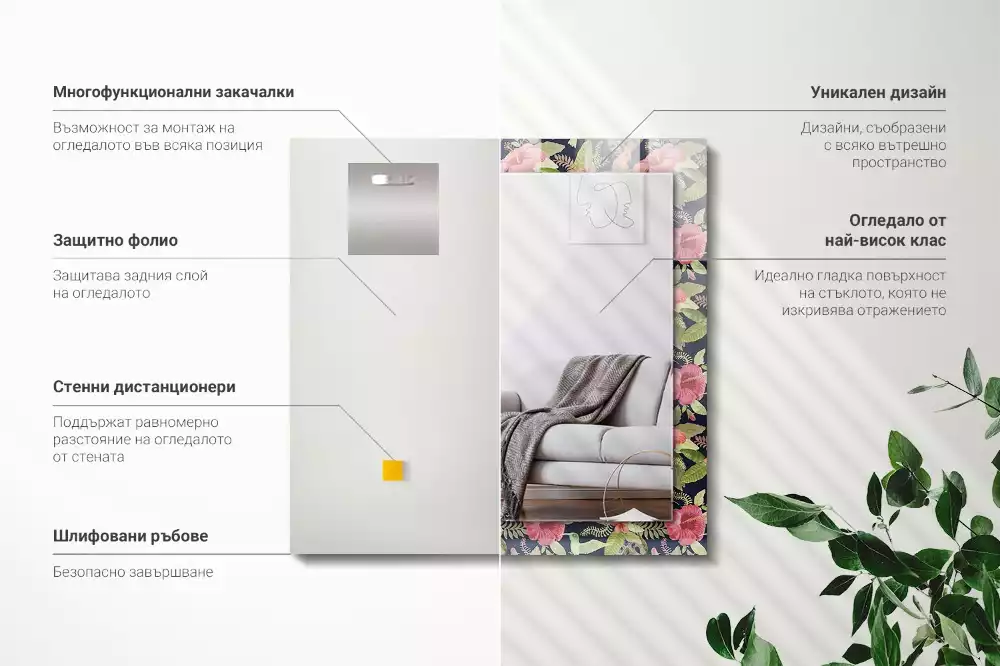 Obdélníkové dekorační zrcadlo Květiny a ptáci