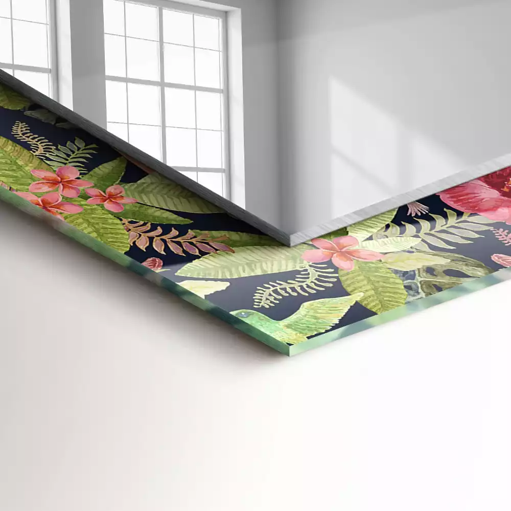 Obdélníkové dekorační zrcadlo Květiny a ptáci