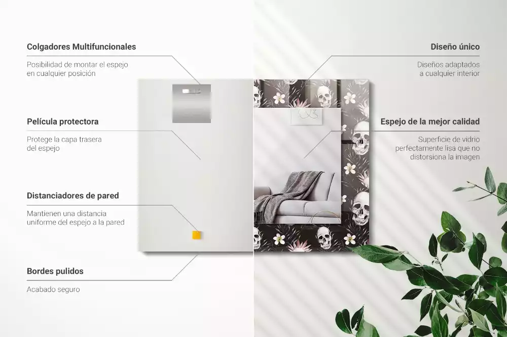 Obdélníkové dekorační zrcadlo Lebky a květiny