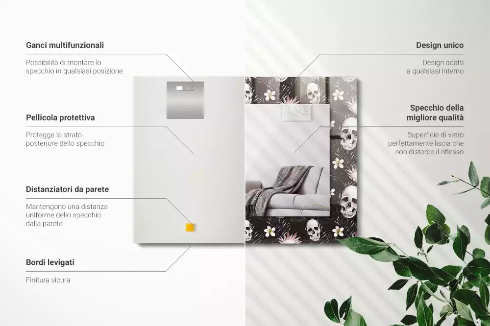 Obdélníkové dekorační zrcadlo Lebky a květiny