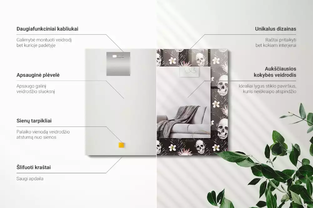 Obdélníkové dekorační zrcadlo Lebky a květiny