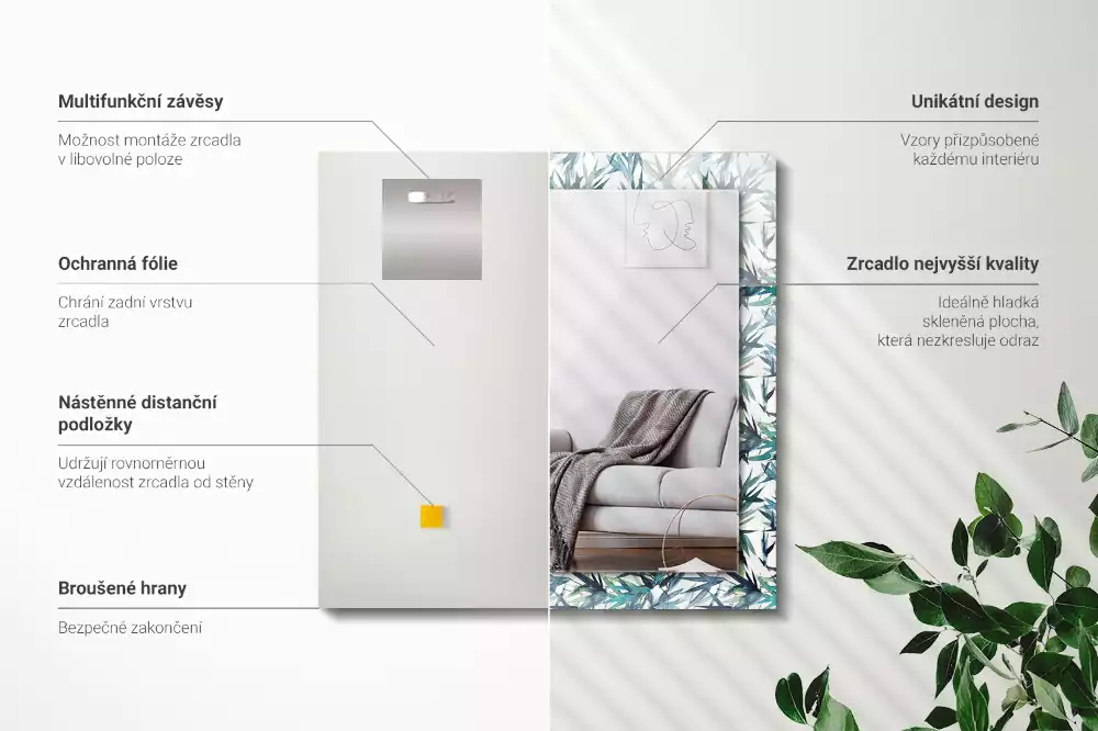 Obdélníkové dekorační zrcadlo Akvarelové bambusové listy